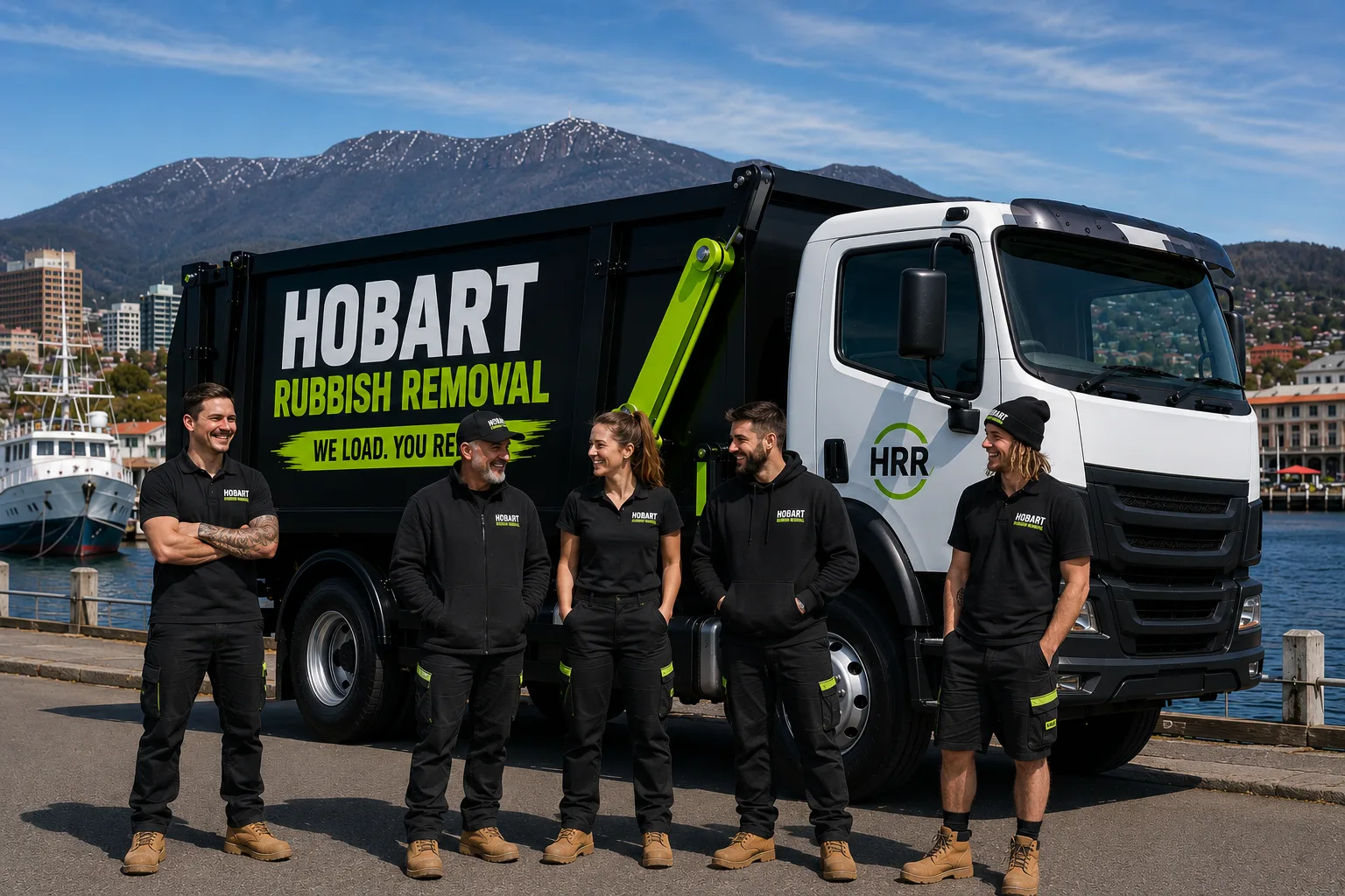 The Hobart Rubbish Removal team in front of their truck on the Hobart waterfront with kunanyi/Mount Wellington in the background