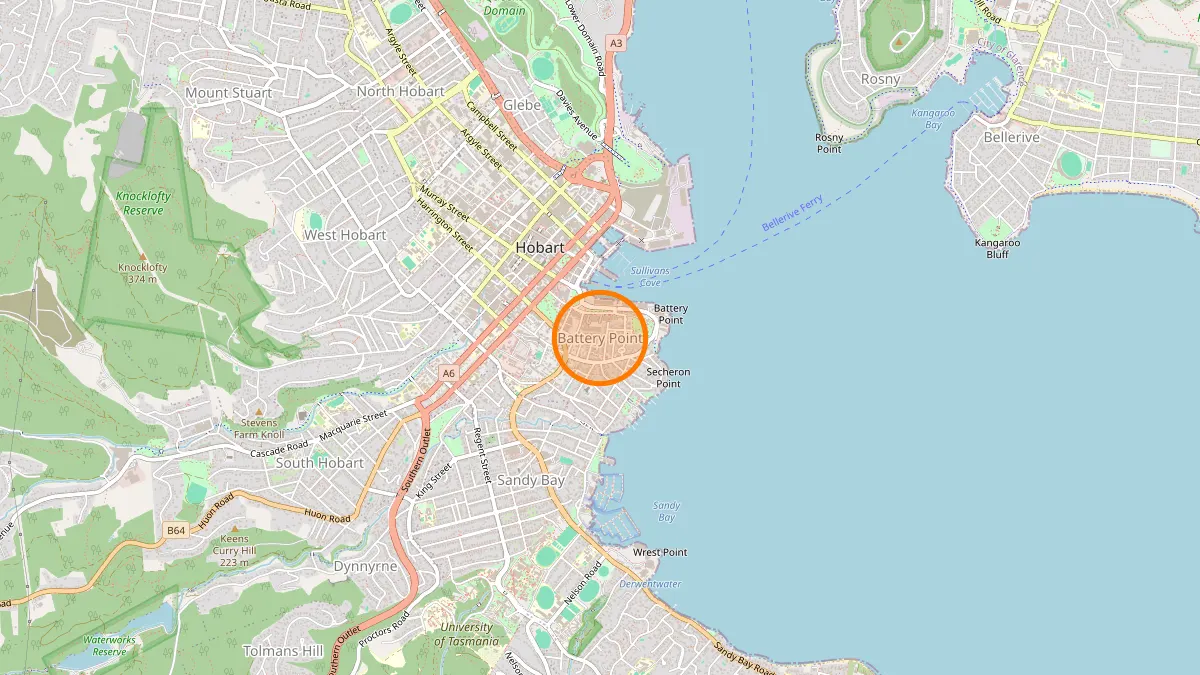 Hobart Rubbish Removal service area map for Battery Point