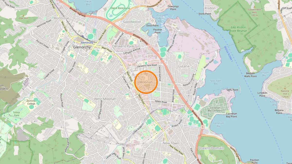 Hobart Rubbish Removal service area map for Moonah