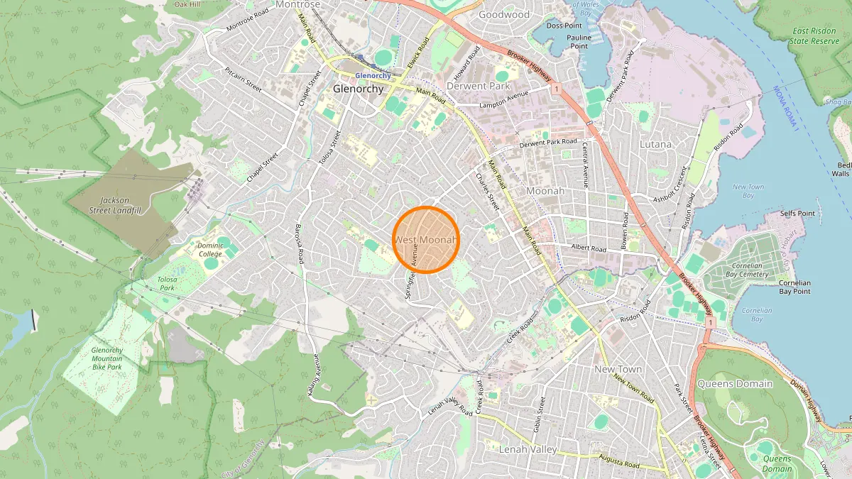 Hobart Rubbish Removal service area map for West Moonah